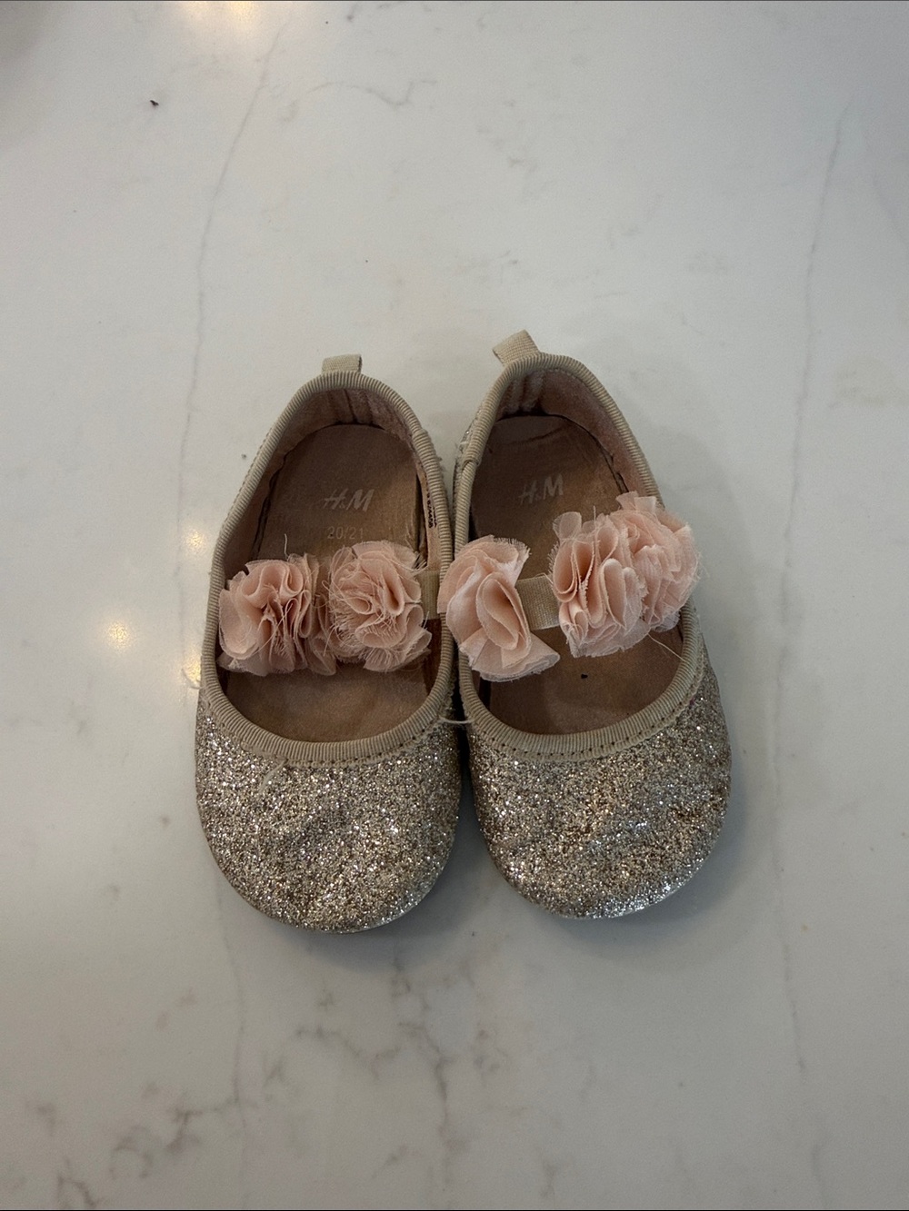 H&M Girls Gold Glitter Ballet Flats with Peach Rosette Strap